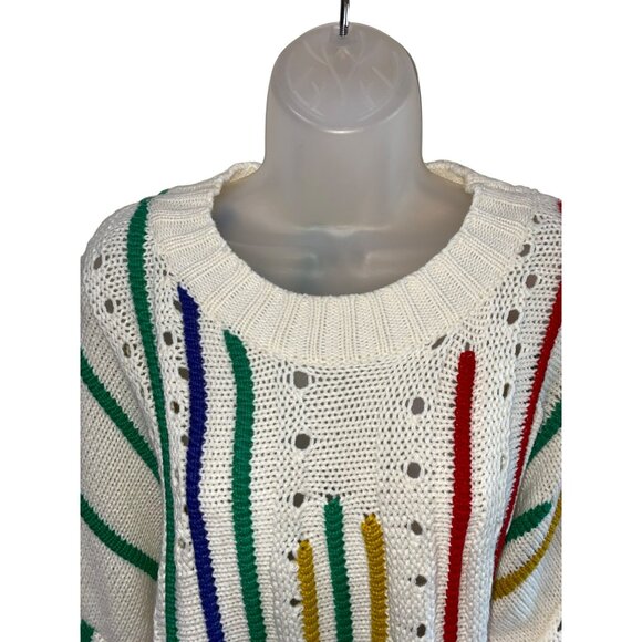 Davi & Dani Multicolor Fringe Knit Sweater L Relaxed Fit Long Sleeve Ivory - Picture 6 of 11